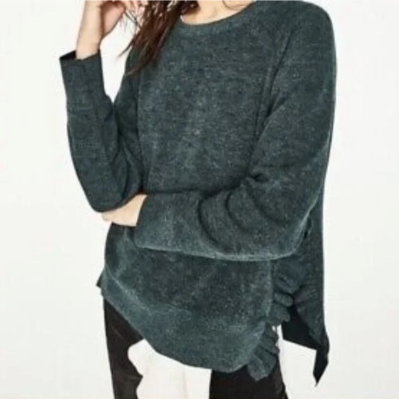 Zara Sweaters - Zara Side-Slit Ruffle Sweater in Forest Green